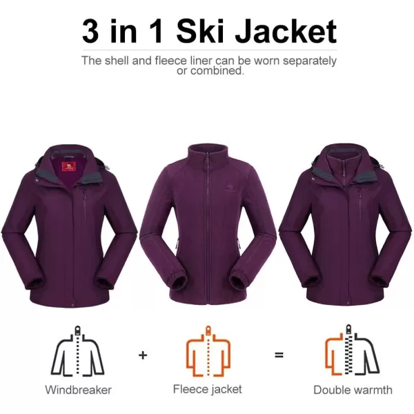 CAMEL CROWN Womens Ski Jacket Waterproof 3 in 1 Winter Jacket Windproof Warm Fleece Hooded Snowboard Mountain Snow CoatDeep Purple