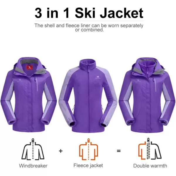 CAMEL CROWN Womens Ski Jacket Waterproof 3 in 1 Winter Jacket Windproof Warm Fleece Hooded Snowboard Mountain Snow CoatLight Purple