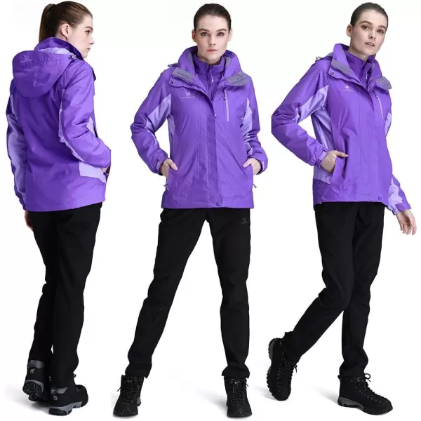 CAMEL CROWN Womens Ski Jacket Waterproof 3 in 1 Winter Jacket Windproof Warm Fleece Hooded Snowboard Mountain Snow CoatLight Purple