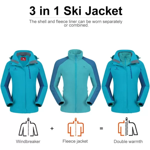 CAMEL CROWN Womens Ski Jacket Waterproof 3 in 1 Winter Jacket Windproof Warm Fleece Hooded Snowboard Mountain Snow CoatOcean Blue