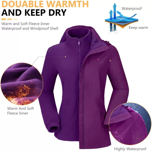 CAMEL CROWN Womens Ski Jacket Waterproof 3 in 1 Winter Jacket Windproof Warm Fleece Hooded Snowboard Mountain Snow CoatPurple