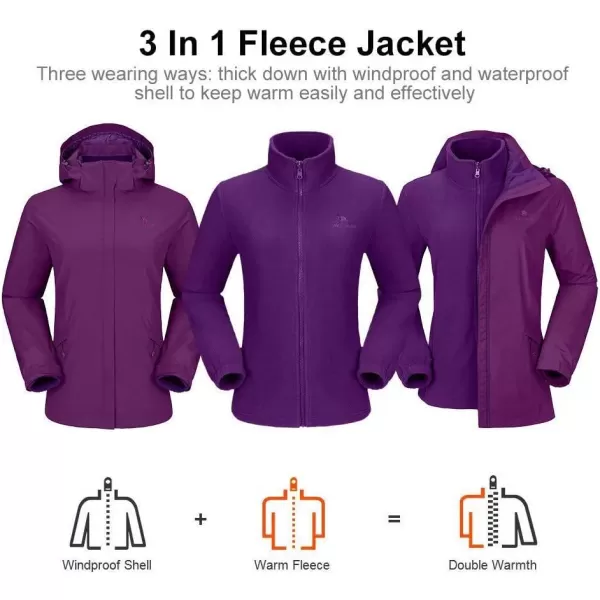 CAMEL CROWN Womens Ski Jacket Waterproof 3 in 1 Winter Jacket Windproof Warm Fleece Hooded Snowboard Mountain Snow CoatPurple