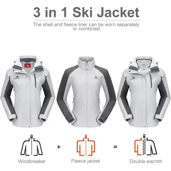 CAMEL CROWN Womens Ski Jacket Waterproof 3 in 1 Winter Jacket Windproof Warm Fleece Hooded Snowboard Mountain Snow CoatSilver Grey