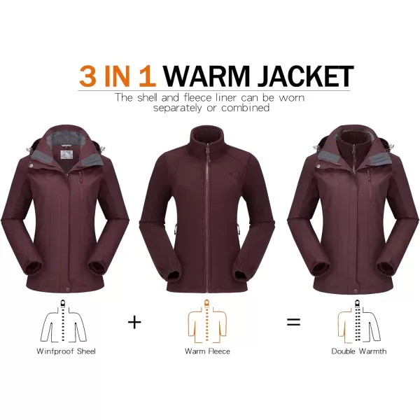 CAMEL CROWN Womens Ski Jacket Waterproof 3 in 1 Winter Jacket Windproof Warm Fleece Hooded Snowboard Mountain Snow CoatWine Red