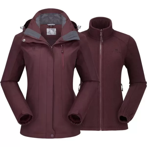 CAMEL CROWN Womens Ski Jacket Waterproof 3 in 1 Winter Jacket Windproof Warm Fleece Hooded Snowboard Mountain Snow CoatWine Red