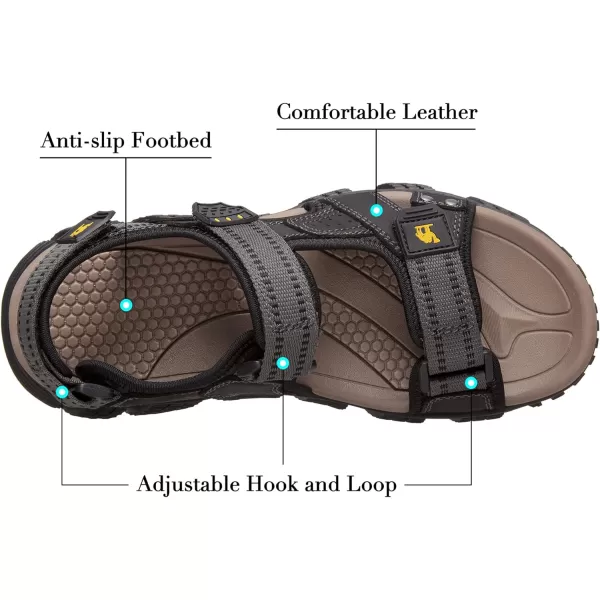 CAMEL CROWN Mens Arch Support Sandals Leather Hiking Sandals Waterproof Water Sandals AntiSlip Summer Sandals Adjustable Beach Sandals Comfort Athletic Outdoor Sport SandalsBlackGrey