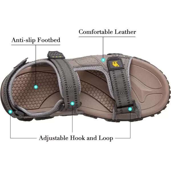 CAMEL CROWN Mens Arch Support Sandals Leather Hiking Sandals Waterproof Water Sandals AntiSlip Summer Sandals Adjustable Beach Sandals Comfort Athletic Outdoor Sport SandalsGrey