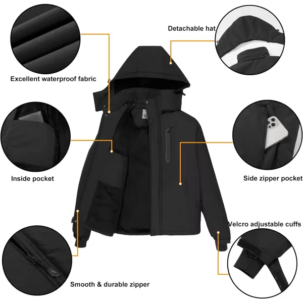 CAMEL CROWN Mens Mountain Snow Waterproof Ski Jacket Detachable Hood Windproof Fleece Parka Rain Jacket Winter CoatBlack