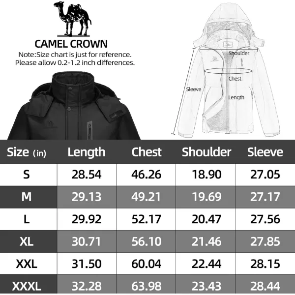 CAMEL CROWN Mens Mountain Snow Waterproof Ski Jacket Detachable Hood Windproof Fleece Parka Rain Jacket Winter CoatBlack