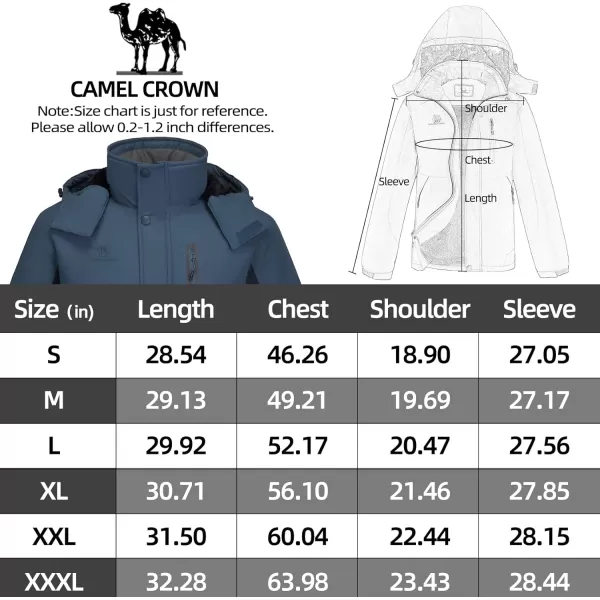 CAMEL CROWN Mens Mountain Snow Waterproof Ski Jacket Detachable Hood Windproof Fleece Parka Rain Jacket Winter CoatGray Blue