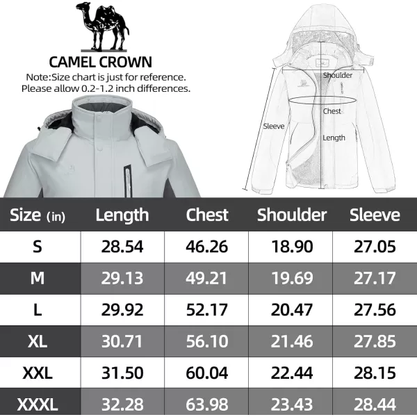 CAMEL CROWN Mens Mountain Snow Waterproof Ski Jacket Detachable Hood Windproof Fleece Parka Rain Jacket Winter CoatSliver Gray