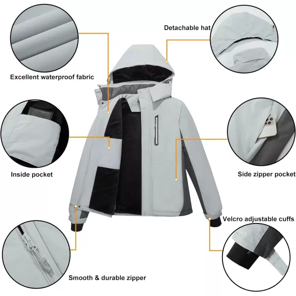 CAMEL CROWN Mens Mountain Snow Waterproof Ski Jacket Detachable Hood Windproof Fleece Parka Rain Jacket Winter CoatSliver Gray