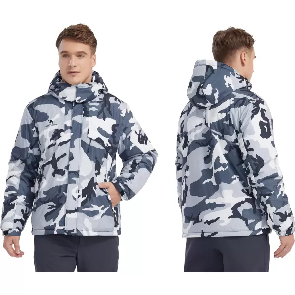 CAMEL CROWN Mens Waterproof Ski Jacket Warm Winter Snow Coat Mountain Windbreaker Hooded Raincoat Snowboarding JacketGrey Camo