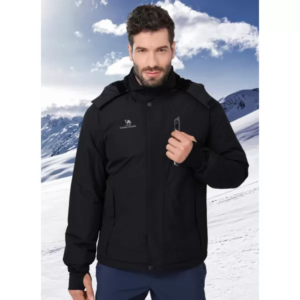 CAMEL CROWN Mens Winter Ski Jackets Warmth Coat Waterproof Detachable Hood Windproof Fleece Lined for Mountain SnowBlack