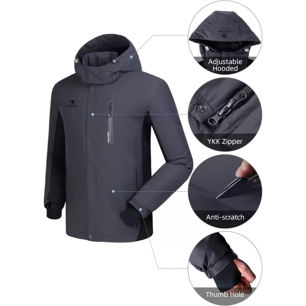 CAMEL CROWN Mens Winter Ski Jackets Warmth Coat Waterproof Detachable Hood Windproof Fleece Lined for Mountain SnowGray