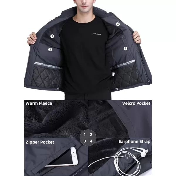 CAMEL CROWN Mens Winter Ski Jackets Warmth Coat Waterproof Detachable Hood Windproof Fleece Lined for Mountain SnowGray