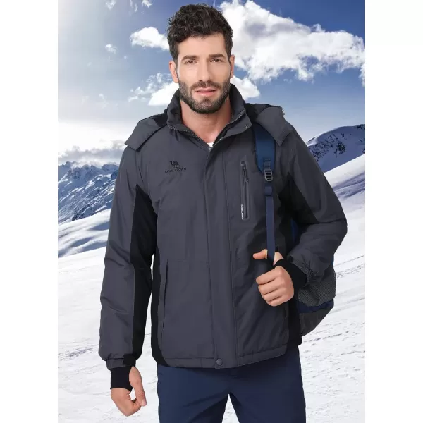 CAMEL CROWN Mens Winter Ski Jackets Warmth Coat Waterproof Detachable Hood Windproof Fleece Lined for Mountain SnowGray