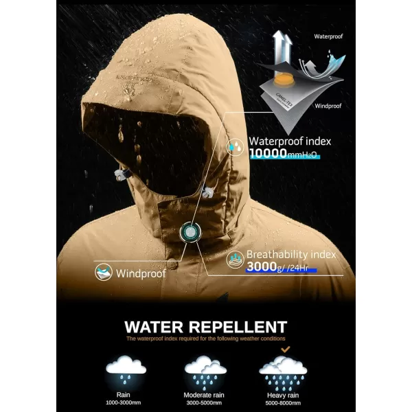 CAMEL CROWN Mens Winter Ski Jackets Warmth Coat Waterproof Detachable Hood Windproof Fleece Lined for Mountain SnowKhaki