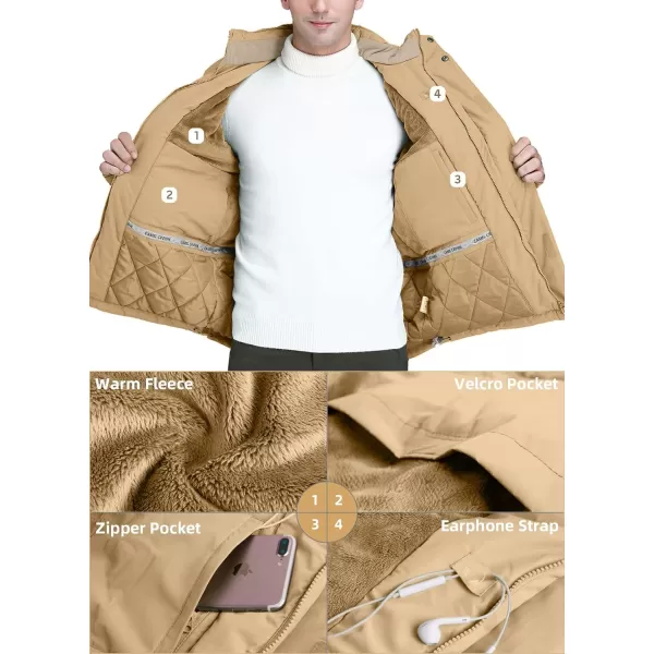 CAMEL CROWN Mens Winter Ski Jackets Warmth Coat Waterproof Detachable Hood Windproof Fleece Lined for Mountain SnowKhaki