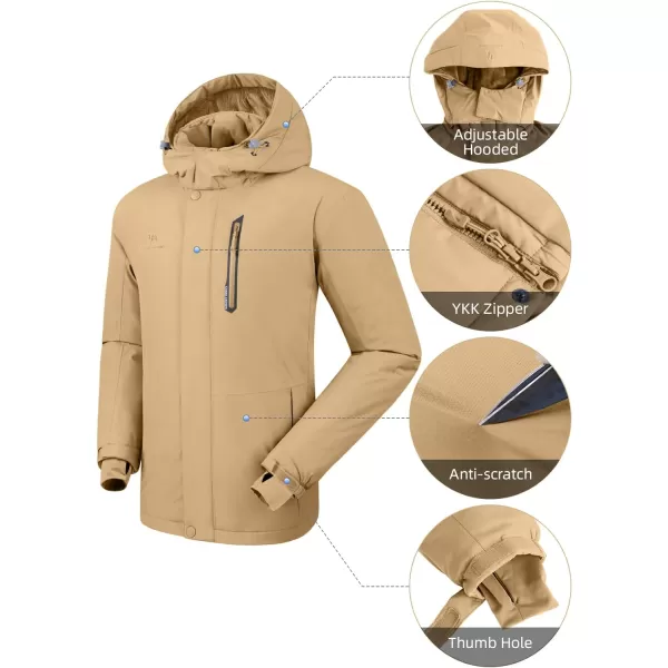 CAMEL CROWN Mens Winter Ski Jackets Warmth Coat Waterproof Detachable Hood Windproof Fleece Lined for Mountain SnowKhaki