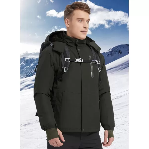 CAMEL CROWN Mens Winter Ski Jackets Warmth Coat Waterproof Detachable Hood Windproof Fleece Lined for Mountain SnowOlive