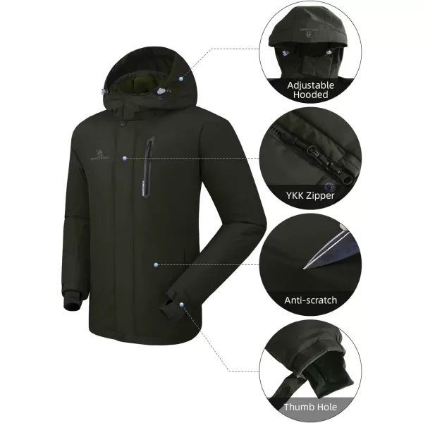 CAMEL CROWN Mens Winter Ski Jackets Warmth Coat Waterproof Detachable Hood Windproof Fleece Lined for Mountain SnowOlive