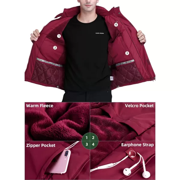 CAMEL CROWN Mens Winter Ski Jackets Warmth Coat Waterproof Detachable Hood Windproof Fleece Lined for Mountain SnowWine Red