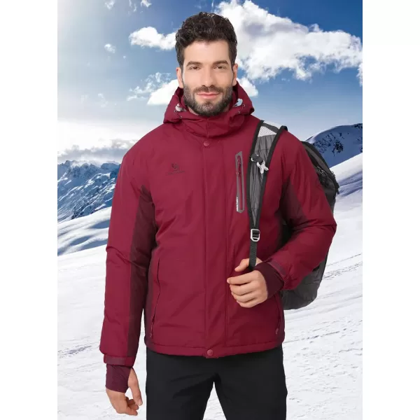 CAMEL CROWN Mens Winter Ski Jackets Warmth Coat Waterproof Detachable Hood Windproof Fleece Lined for Mountain SnowWine Red