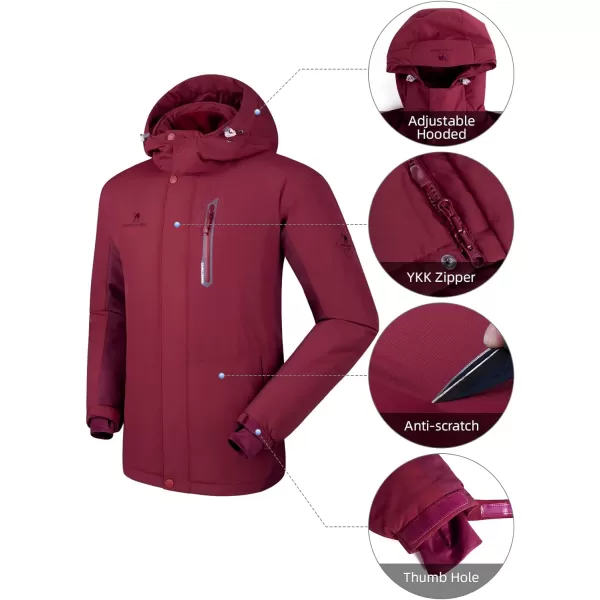 CAMEL CROWN Mens Winter Ski Jackets Warmth Coat Waterproof Detachable Hood Windproof Fleece Lined for Mountain SnowWine Red