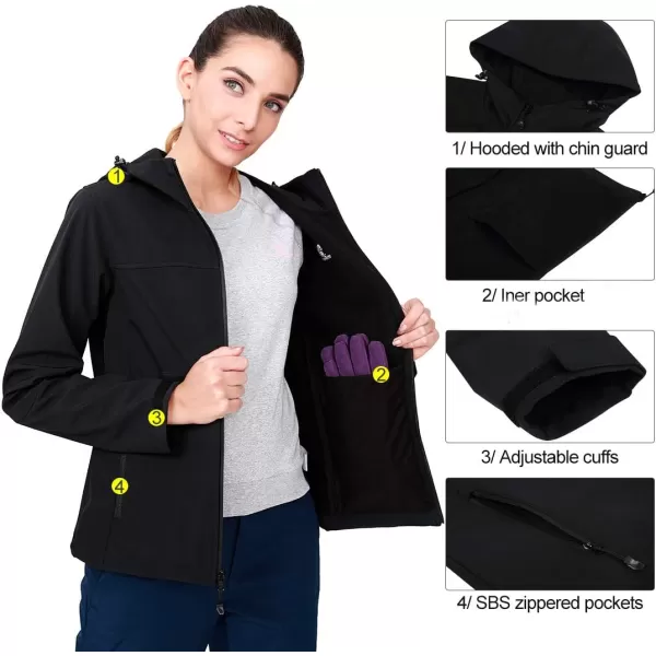 CAMEL CROWN Womens Fleece Lined Softshell Jacket Hooded Waterproof Windproof Lightweight Insulated Winbreaker Hiking CampingBlack