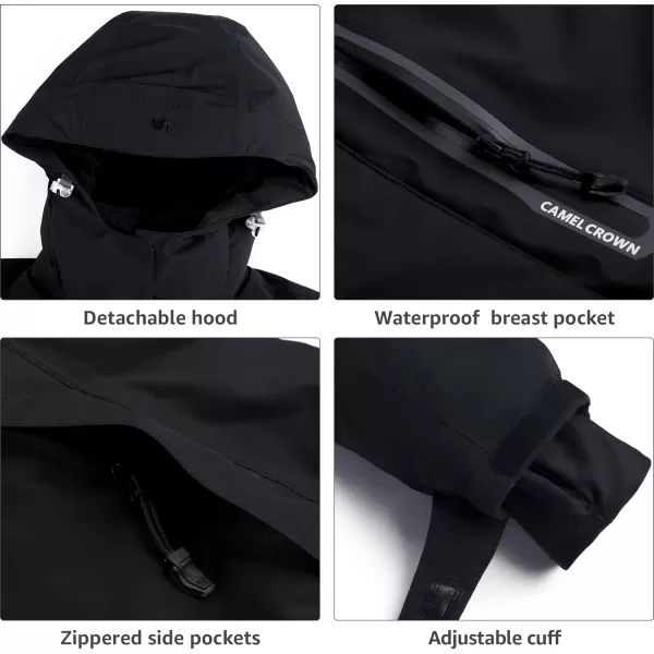 CAMEL CROWN Womens Mountain Snow Waterproof Ski Jacket Detachable Hood Windproof Fleece Parka Rain Jackt Winter CoatBlack
