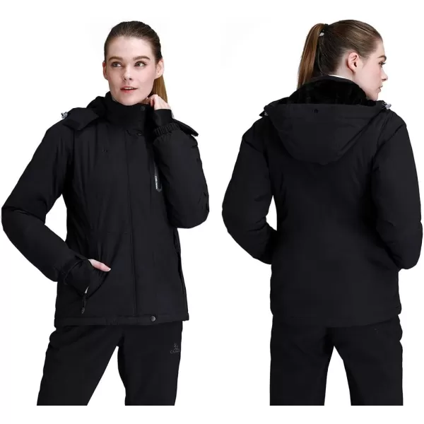 CAMEL CROWN Womens Mountain Snow Waterproof Ski Jacket Detachable Hood Windproof Fleece Parka Rain Jackt Winter CoatBlack