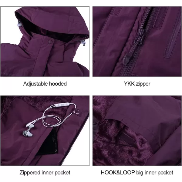 CAMEL CROWN Womens Mountain Snow Waterproof Ski Jacket Detachable Hood Windproof Fleece Parka Rain Jackt Winter CoatDark Purple