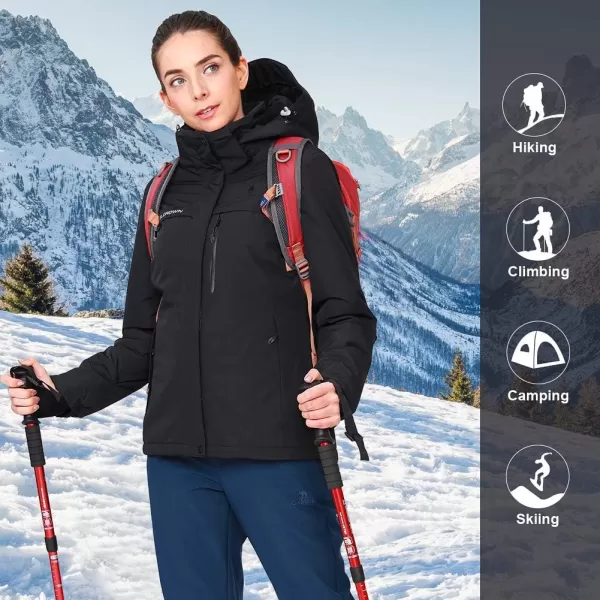 CAMEL CROWN Womens Mountain Snow Waterproof Ski Jacket Detachable Hood Windproof Fleece Parka Rain Jackt Winter CoatNew Black