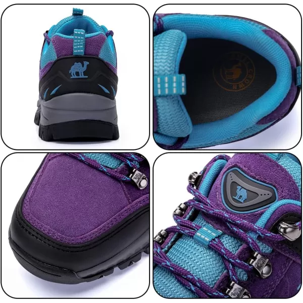 CAMEL CROWN Womens Outdoor Leather Hiking Shoes Low Cut Boots Breathable Lightweight Sneaker for Walking TrekkingPurpleBlue