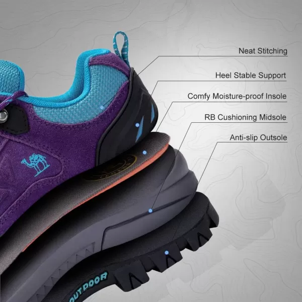 CAMEL CROWN Womens Outdoor Leather Hiking Shoes Low Cut Boots Breathable Lightweight Sneaker for Walking TrekkingPurpleBlue