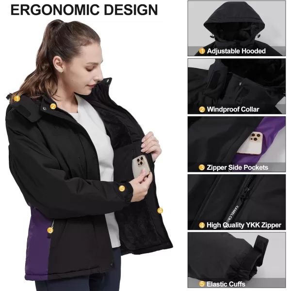 CAMEL CROWN Womens Ski Jacket Waterproof Winter Coat Hiking Mountain Windbreaker Thicken Cotton Warm Snow Parka JacketBlack Purple