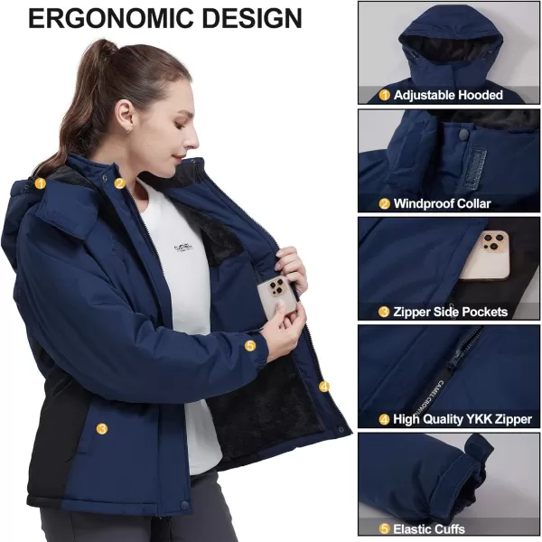 CAMEL CROWN Womens Ski Jacket Waterproof Winter Coat Hiking Mountain Windbreaker Thicken Cotton Warm Snow Parka JacketDark Blue Black