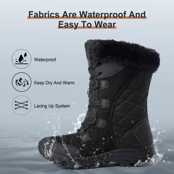 CAMEL CROWN Womens Waterproof Snow Boot Winter Insulated Warm Fur Lined MidCalf Boots NonSlip LaceUp Outdoor Booties for Cold WeatherBlack