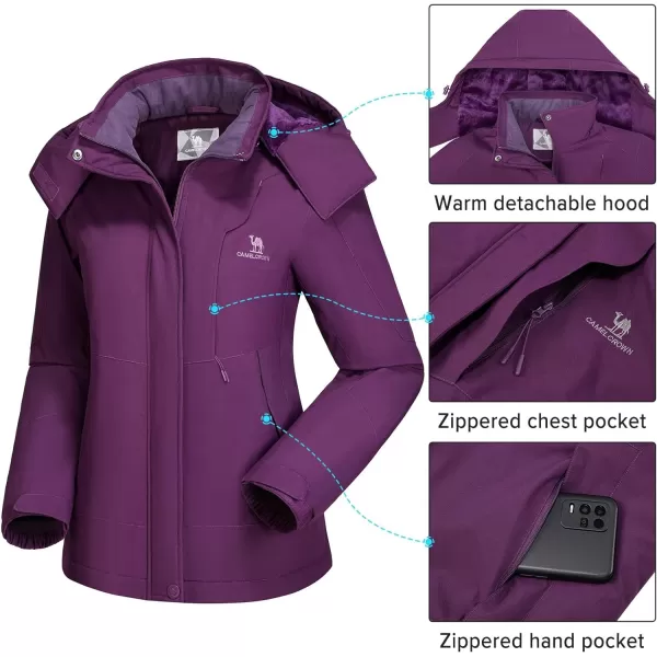 CAMEL CROWN Womens Winter Coat Waterproof Ski Jacket with Fleece Lining Windproof for Snow Rain Outdoor Hiking MountainRaspberry Purple002