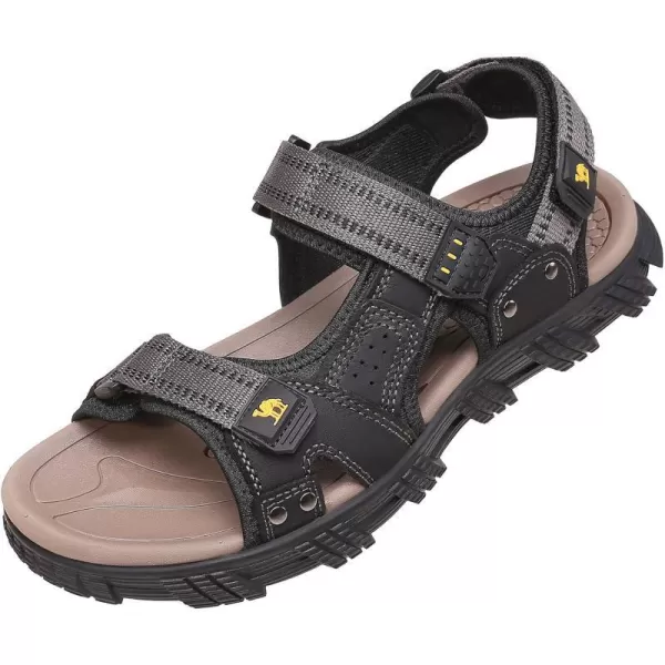 CAMEL CROWN Mens Arch Support Sandals Leather Hiking Sandals Waterproof Water Sandals AntiSlip Summer Sandals Adjustable Beach Sandals Comfort Athletic Outdoor Sport SandalsBlackGrey