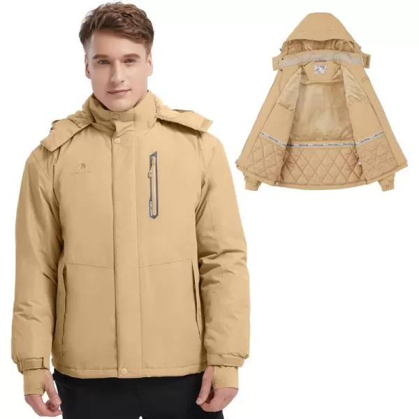 CAMEL CROWN Mens Winter Ski Jackets Warmth Coat Waterproof Detachable Hood Windproof Fleece Lined for Mountain SnowKhaki