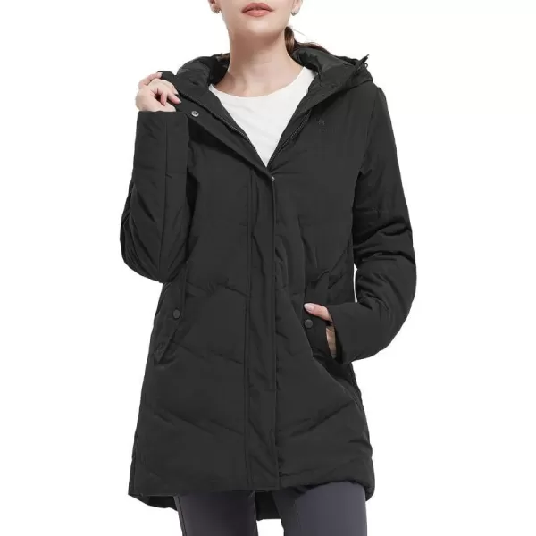 CAMEL CROWN Womens Winter Jacket Hooded Warm Quilted Insulated Puffer Jacket Long Cotton Parka CoatBlack