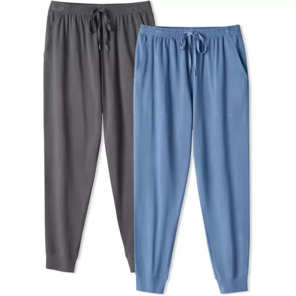 Mens Cotton Sleepwear Pajamas Pants Soft Long Bottoms, Drawstring Waist with Pockets Loungewear for Men 2 Pack