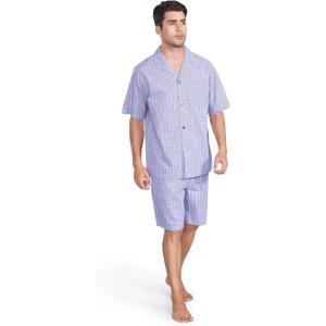 imageDAVID ARCHY Mens Lightweight Sleepwear Woven Cotton ButtonDown Short Sleeve Pajamas Set Summer LoungewearBlue Plaid  Lapel Collar No Button Fly