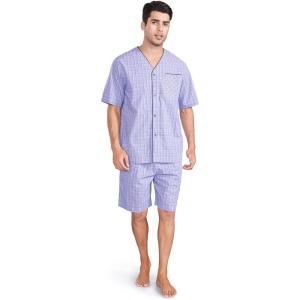 imageDAVID ARCHY Mens Lightweight Sleepwear Woven Cotton ButtonDown Short Sleeve Pajamas Set Summer LoungewearBlue Plaid  V Neck No Button Fly