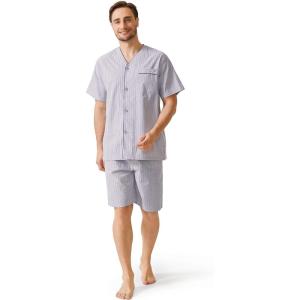 imageDAVID ARCHY Mens Lightweight Sleepwear Woven Cotton ButtonDown Short Sleeve Pajamas Set Summer LoungewearGray Stripe  V Neck