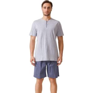 imageDAVID ARCHY Mens Lightweight Sleepwear Woven Cotton ButtonDown Short Sleeve Pajamas Set Summer LoungewearGraynavy Blue Stripe  Henley Collar