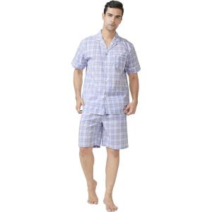 imageDAVID ARCHY Mens Lightweight Sleepwear Woven Cotton ButtonDown Short Sleeve Pajamas Set Summer LoungewearLight Blue Grid  Lapel Collar