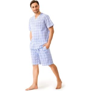 imageDAVID ARCHY Mens Lightweight Sleepwear Woven Cotton ButtonDown Short Sleeve Pajamas Set Summer LoungewearLight Blue Grid  V Neck